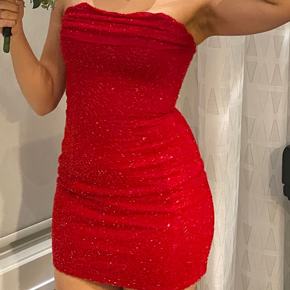 Oh Polly Vibrant Red Strapless Dress